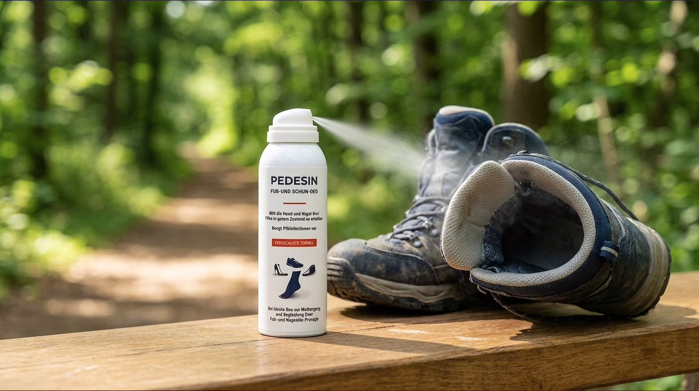 Sprühende Dose mit Wanderschuhen
